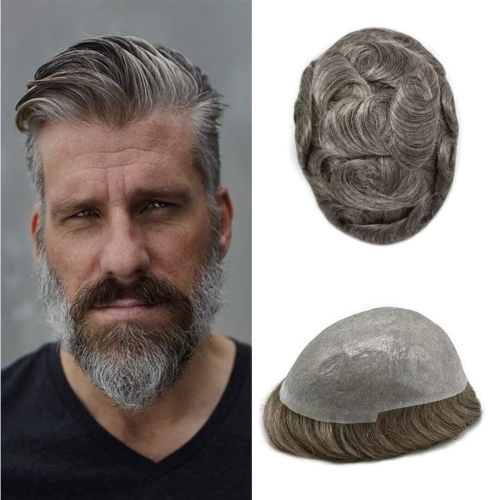 JUST HAIR Thin Skin Mens Toupee Human Hair Replacement V-looped Men Hair Piece 0.04mm Invisible Toupee for Men Hair System 8X10-80% density#365 Dark Brown+65% Gray