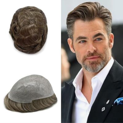 JUST HAIR Thin Skin Mens Toupee Human Hair Replacement V-looped Men Hair Piece 0.04mm Invisible Toupee for Men Hair System 7X9-100% density#540 Medium Light Brown+40% Gray