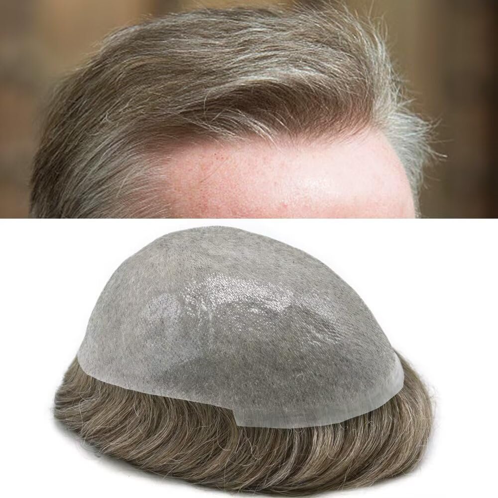 JUST HAIR Thin Skin Mens Toupee Human Hair Replacement V-looped Men Hair Piece 0.04mm Invisible Toupee for Men Hair System 6X8-100% density#730 Very Light Brown+30% Gray