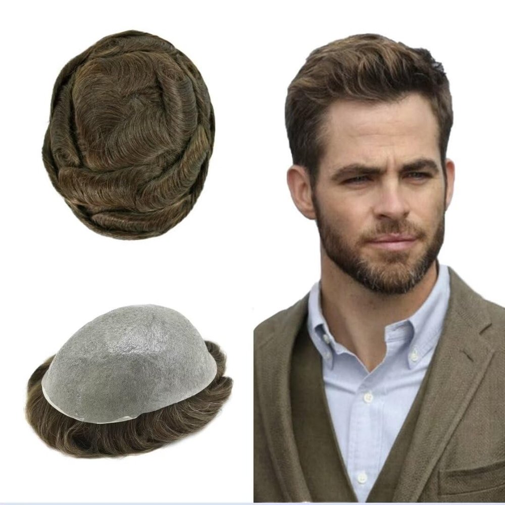 JUST HAIR Thin Skin Mens Toupee Human Hair Replacement V-looped Men Hair Piece 0.04mm Invisible Toupee for Men Hair System 8X10-80% density#7 Very Light Brown