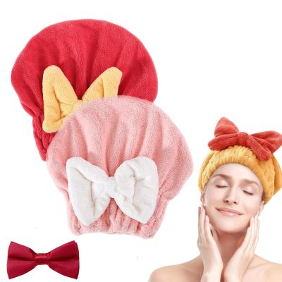 2 Pack Super Absorbent Hair Towel Wrap for Wet Hair, Microfiber Quick-Dry Thickened Towels with Soft Bow-Tie Design, Gentle Fast-Dry Hair Wraps for Women Hair-Care Accessories(Red+Pink)