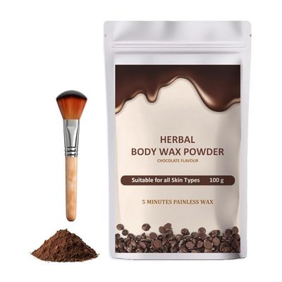 Herbal Body Wax Powder, Chocolate Flavor, 100g with Applicator Brush, Painless Hair Removal for All Skin Types