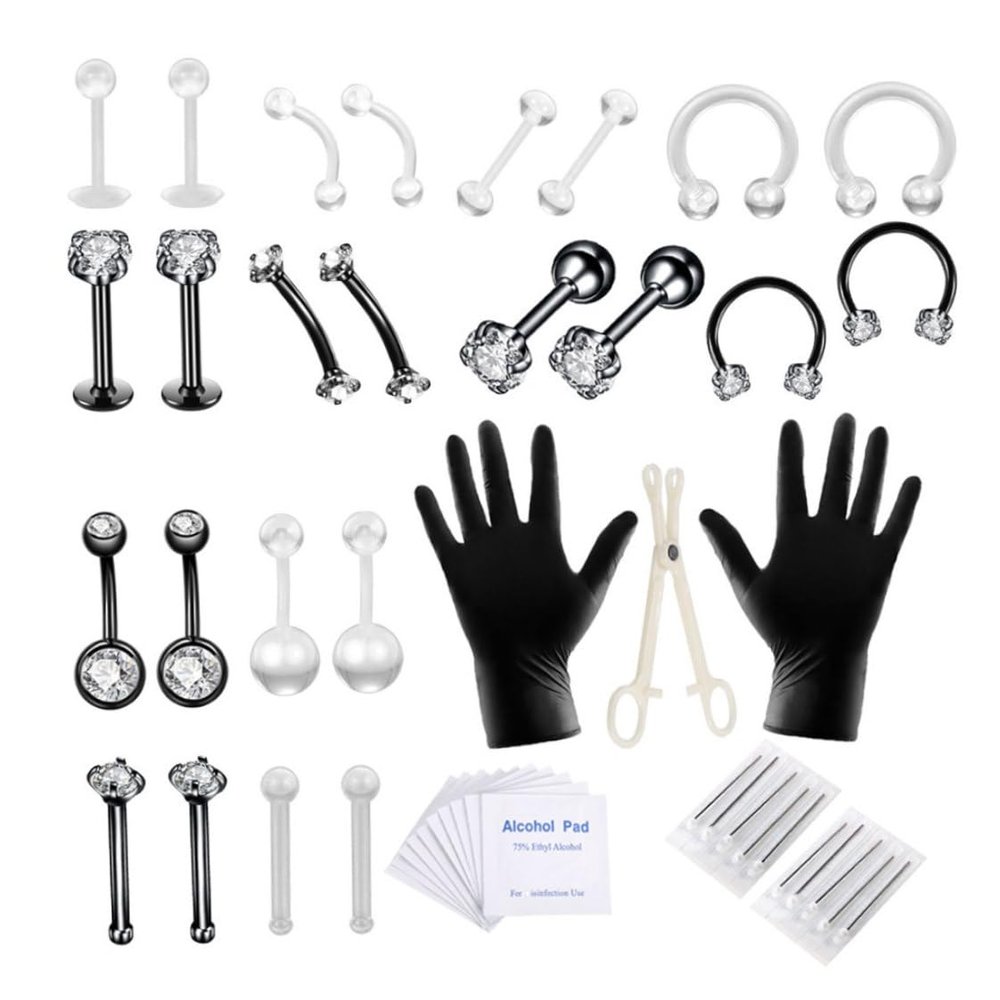 Jorzer Body Piercing Kit Stainless Steel Tongue Rings Belly Button Piercing Jewelry Black 47PCS..
