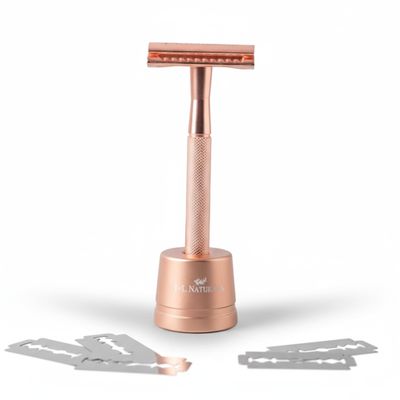 J&L Naturals Reusable Safety Razor Set, Stainless Steel, Double-Sided, Black/Rose Gold/Green/White, 5 Refill Blades, with Stand (Rose Gold)