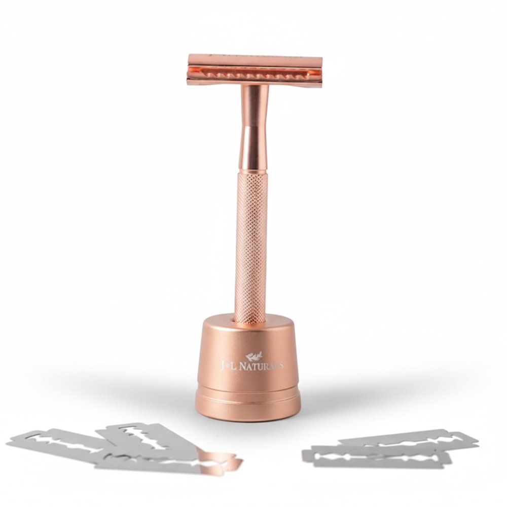 J&L Naturals Reusable Safety Razor Set, Stainless Steel, Double-Sided, Black/Rose Gold/Green/White, 5 Refill Blades, with Stand (Rose Gold)