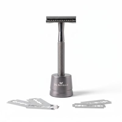 J&L Naturals Reusable Safety Razor Set, Stainless Steel, Double-Sided, Black/Rose Gold/Green/White, 5 Refill Blades, with Stand (Black)