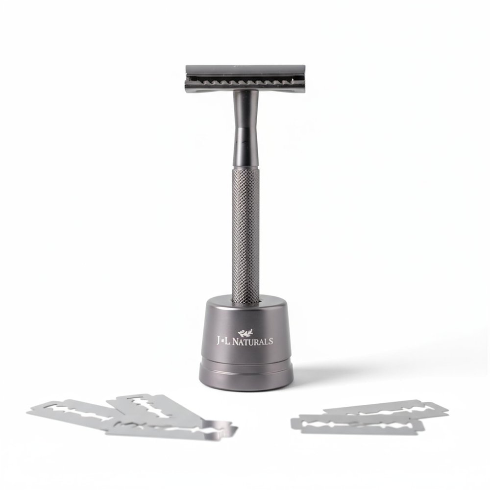 J&L Naturals Reusable Safety Razor Set, Stainless Steel, Double-Sided, Black/Rose Gold/Green/White, 5 Refill Blades, with Stand (Black)