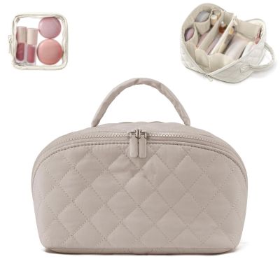 2025 Upgraded Travel Makeup Bag for Women, Makeup Bag for Woman, Puffer Waterproof Cosmetic Organizer with Brush Compartment & Handle, 180 Lay-Flat Design for Full-Size Skincare (Khaki)