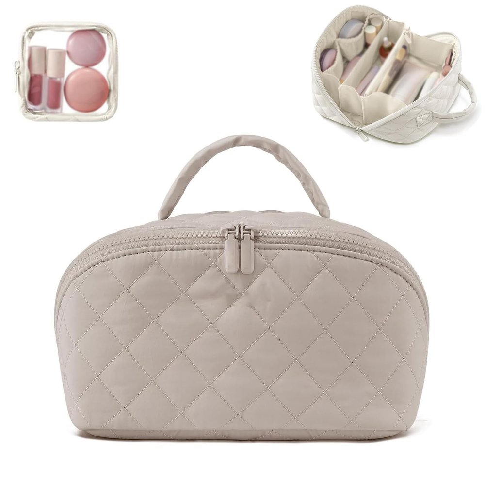 2025 Upgraded Travel Makeup Bag for Women, Makeup Bag for Woman, Puffer Waterproof Cosmetic Organizer with Brush Compartment & Handle, 180 Lay-Flat Design for Full-Size Skincare (Khaki)