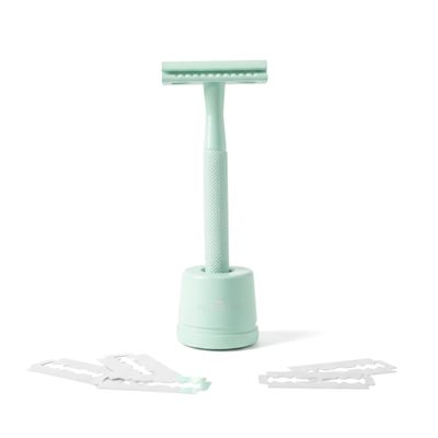 J&L Naturals Reusable Safety Razor Set, Stainless Steel, Double-Sided, Black/Rose Gold/Green/White, 5 Refill Blades, with Stand (Green)