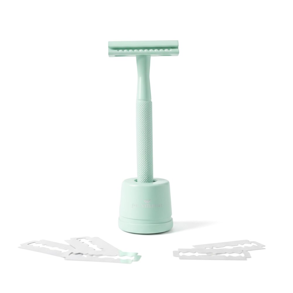 J&L Naturals Reusable Safety Razor Set, Stainless Steel, Double-Sided, Black/Rose Gold/Green/White, 5 Refill Blades, with Stand (Green)