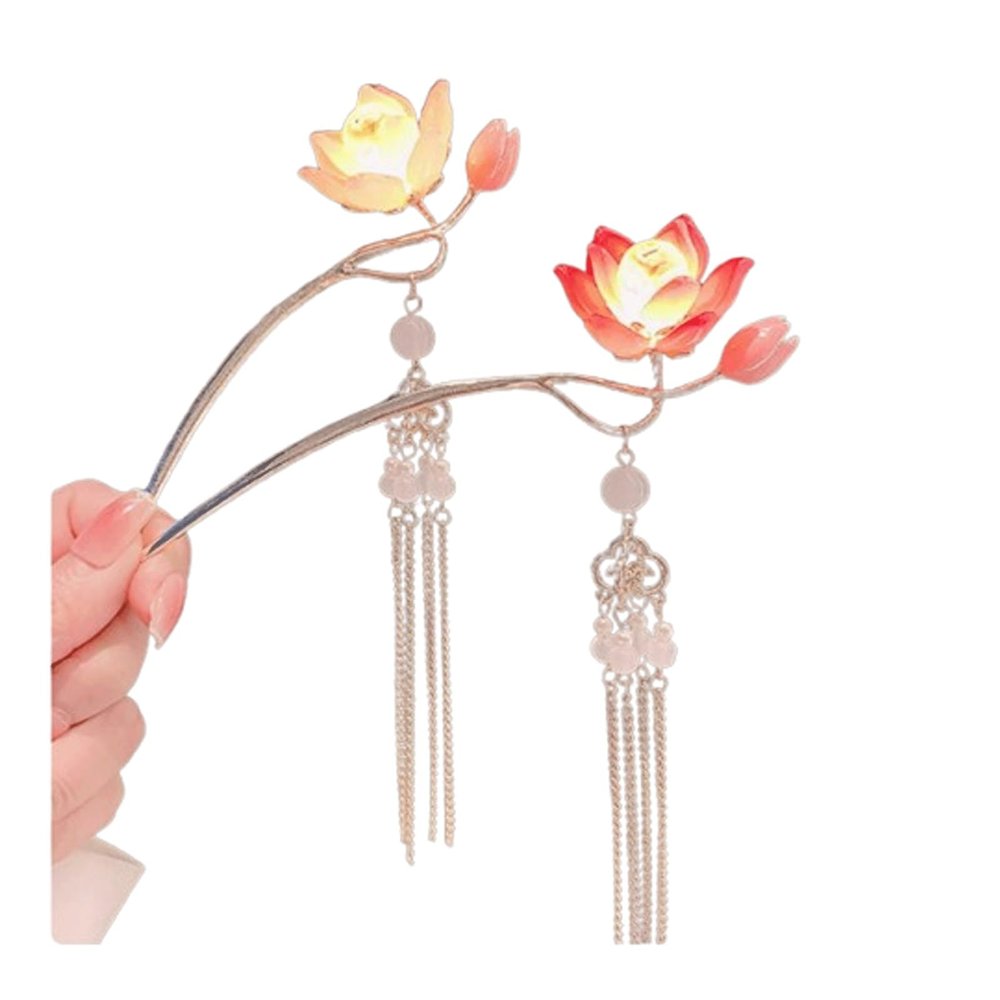2 Pack Lotus Lantern Light Hairpins for Women and Girls Chinese Dangle Tassel Hair Sticks Hair Accessories