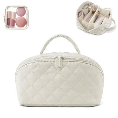 2025 Upgraded Travel Makeup Bag for Women, Makeup Bag for Woman, Puffer Waterproof Cosmetic Organizer with Brush Compartment & Handle, 180 Lay-Flat Design for Full-Size Skincare (Beige)