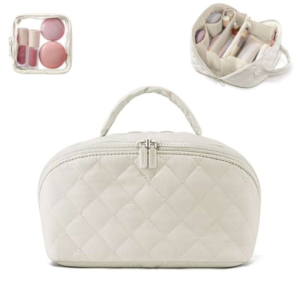 2025 Upgraded Travel Makeup Bag for Women, Makeup Bag for Woman, Puffer Waterproof Cosmetic Organizer with Brush Compartment & Handle, 180 Lay-Flat Design for Full-Size Skincare (Beige)