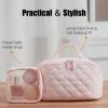 2025 Upgraded Travel Makeup Bag for Women, Makeup Bag for Woman, Puffer Waterproof Cosmetic Organizer with Brush Compartment & Handle, 180 Lay-Flat Design for Full-Size Skincare (Beige) view 3