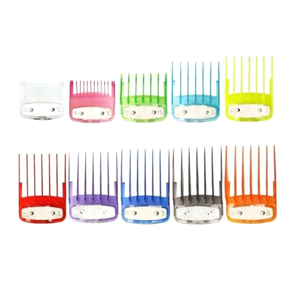 10pcs/set Cutting Guide Comb Set Hair Clipper Limit Comb With Metal ClipCompatible For WAHLUniversal 1.5/3/4.5/6/10/13/16/19/22/25mm(Trans Colorful 10pcs)
