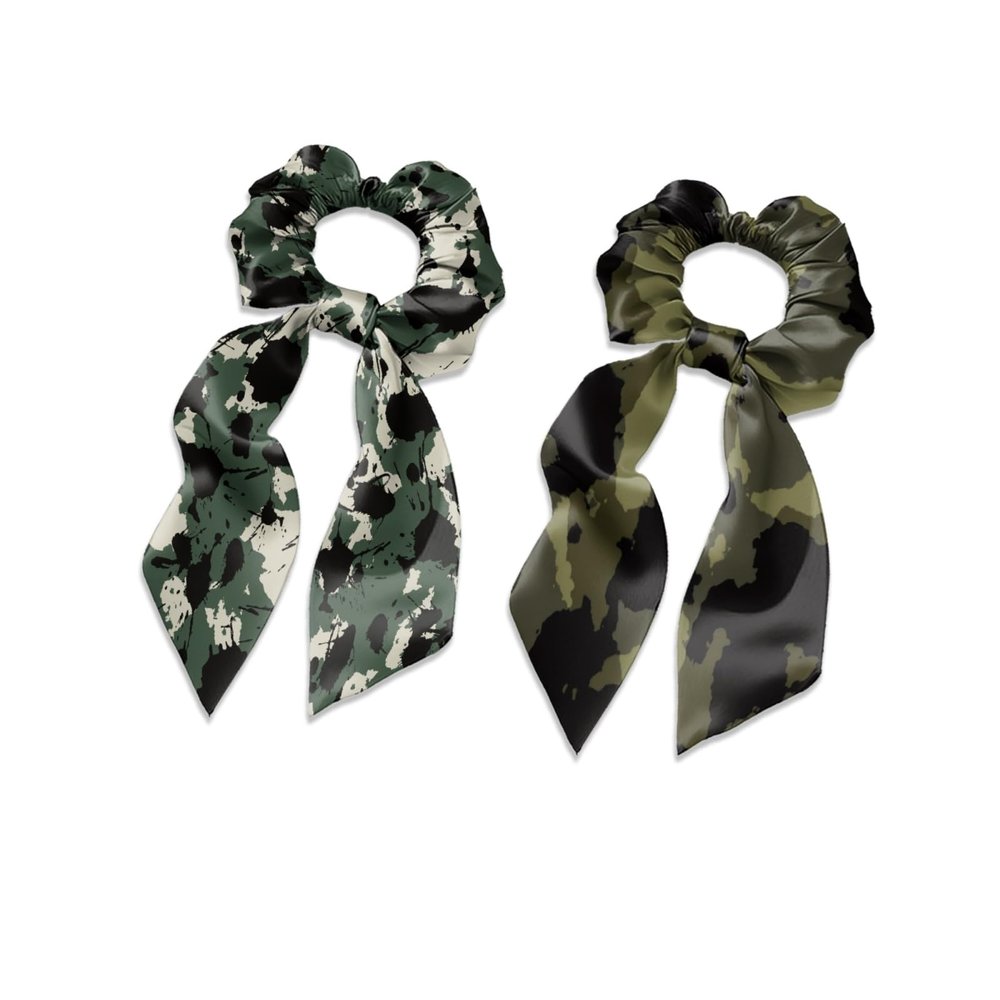 TSOVTHRID Camo Hunting Elastic Hair Ties No Damage Ribbon Satin Silk Hair Ties No Damage Womens Knotted Bow Chic Long Tails Accessory for Travel Pack of 2