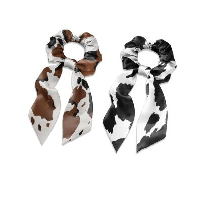 TSOVTHRID Cow Print Hair Scarf Scrunchies for Women Pack of 2 Knotted Bow Hair Ties Brown Black Ribbon Scrunchy Long Hair Decor Tails Flowing Ribbon