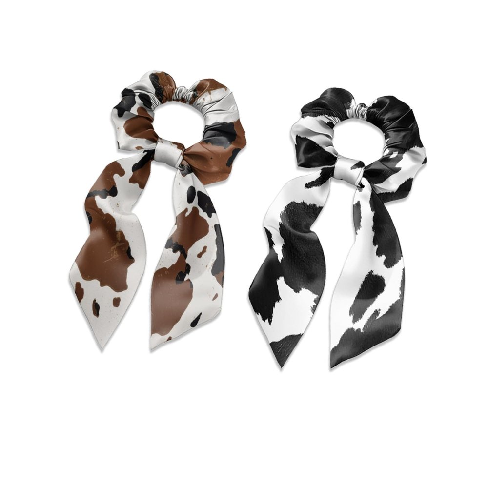 TSOVTHRID Cow Print Hair Scarf Scrunchies for Women Pack of 2 Knotted Bow Hair Ties Brown Black Ribbon Scrunchy Long Hair Decor Tails Flowing Ribbon