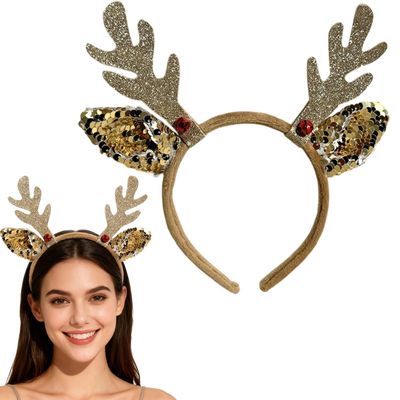 1Pcs Christmas Headband Cute Gold Elk Antlers Headband Gold Glitter Sequin Elk Ears Hair Accessories for Women Christmas Costume Elk Cosplay Fashion Accessories Winter Holiday Party Outfits for Women