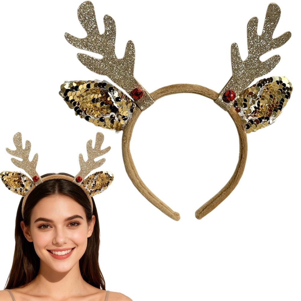 1Pcs Christmas Headband Cute Gold Elk Antlers Headband Gold Glitter Sequin Elk Ears Hair Accessories for Women Christmas Costume Elk Cosplay Fashion Accessories Winter Holiday Party Outfits for Women