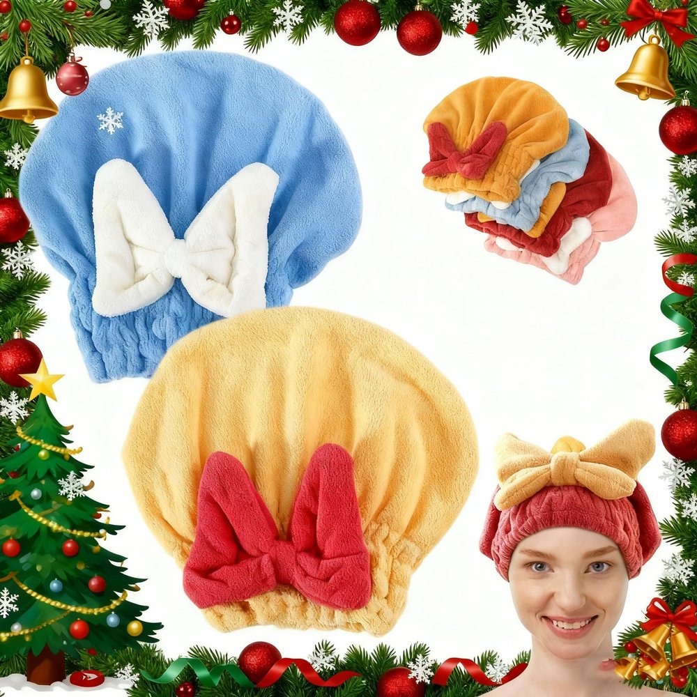 2PCS Microfiber Hair Drying Caps, Christmas Absorbent Hair Towel Wrap for Women Wet Hair Quick-Drying Hair Towels, Soft Bow Tie Wet Hair Towel Wrap for Party Favors Goody Bag Filler (Blue+Yellow)