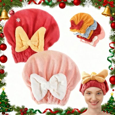 2PCS Microfiber Hair Drying Caps, Christmas Absorbent Hair Towel Wrap for Women Wet Hair Quick-Drying Hair Towels, Soft Bow Tie Wet Hair Towel Wrap for Party Favors Goody Bag Filler (Pink+Red)
