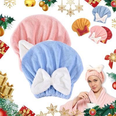 2PCS Microfiber Hair Drying Caps, Christmas Absorbent Hair Towel Wrap for Women Wet Hair Quick-Drying Hair Towels, Soft Bow Tie Wet Hair Towel Wrap for Party Favors Goody Bag Filler (Pink+Blue)