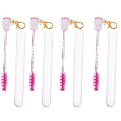 JEWEDECO 4pcs Portable Eyelash Brush Tubes with Keychain Reusable Detachable Mascara Wands for Lash and Brow Makeup Long Rose Red Eyebrow Comb Applicators