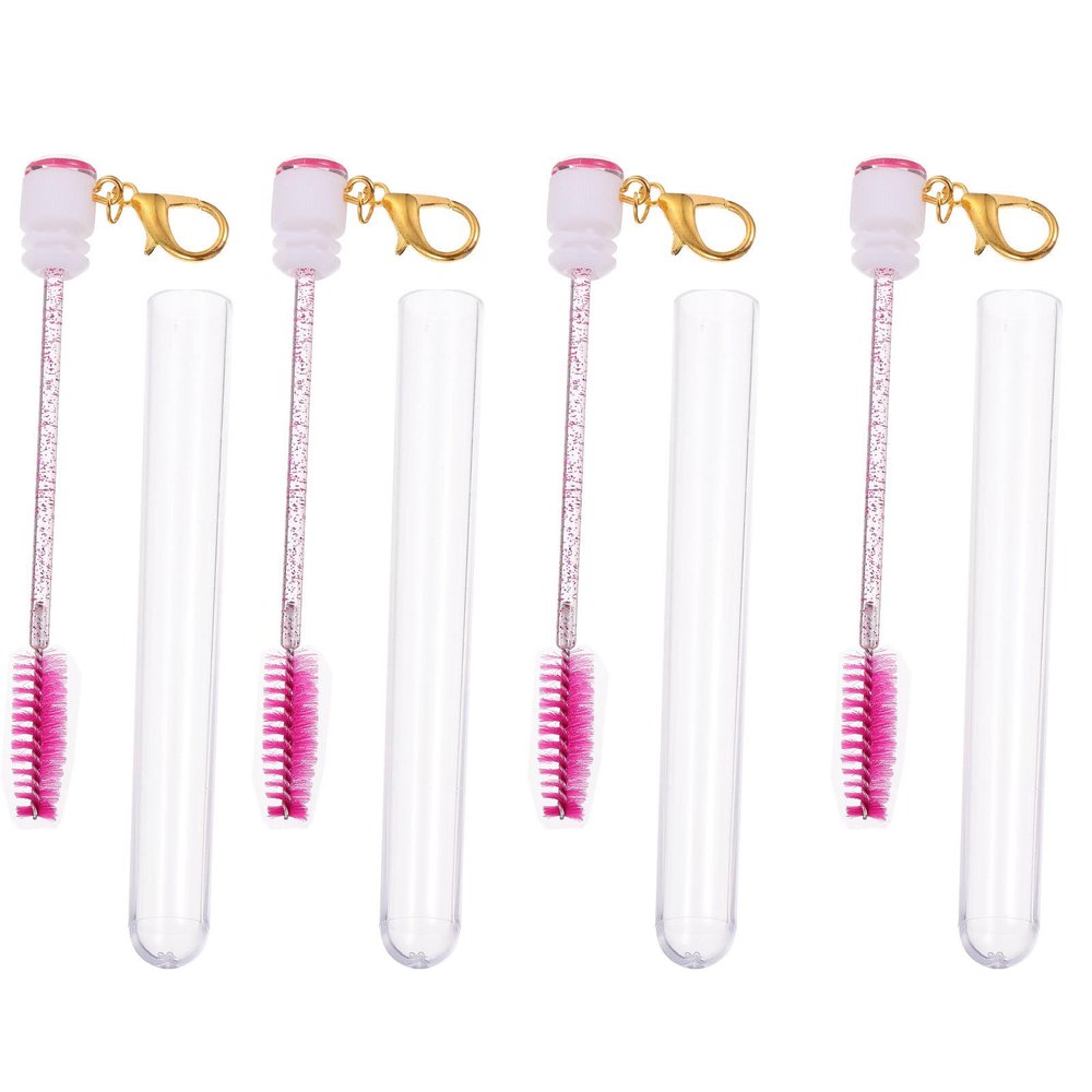 JEWEDECO 4pcs Portable Eyelash Brush Tubes with Keychain Reusable Detachable Mascara Wands for Lash and Brow Makeup Long Rose Red Eyebrow Comb Applicators