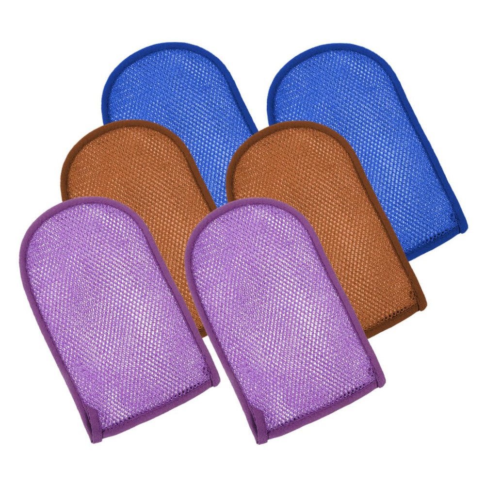 FUOYLOO 6pcs Exfoliating Bath Mitts Thickened Shower Gloves for Gentle Skin Scrubbing and Cleaning Double-sided Bath Gloves with Vibrant Blue Purple Colors for Spa and Daily Use