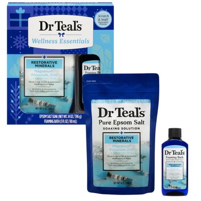 Dr Teal's Holiday Limited Edition Bath Gift Set | Epsom Salt Soak and Foaming Liquid, 14 oz Salt, 3 fl oz Bath (Fresh Minerals)