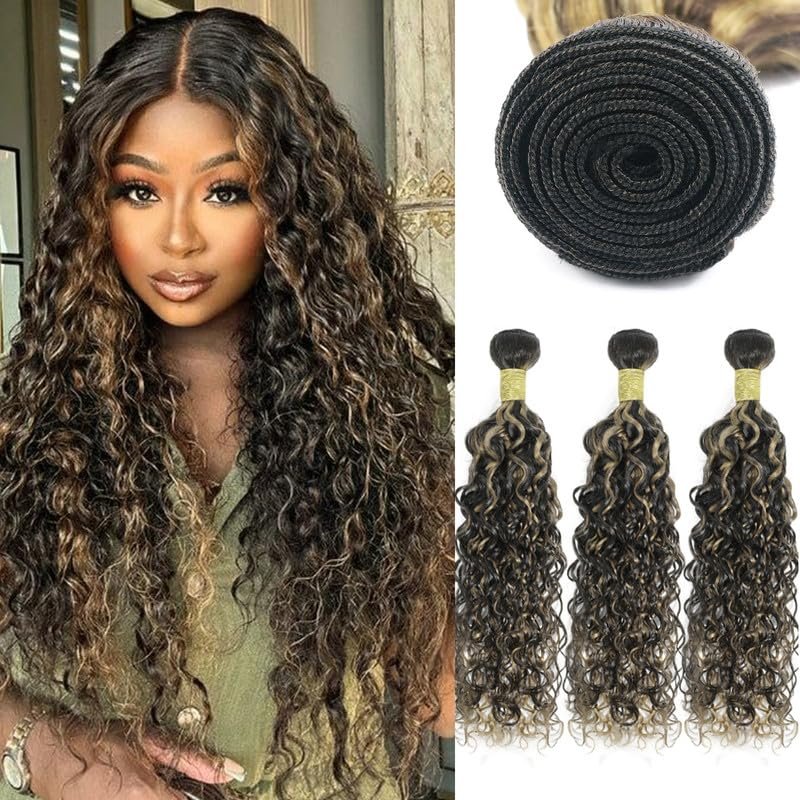 P1B27 Highlight Blonde Human Hair Bundles Honey Blonde Water Wave 3 Bundles 12A Brazilain Virgin Hair Weave 18 20 22inchesBlack and Blonde
