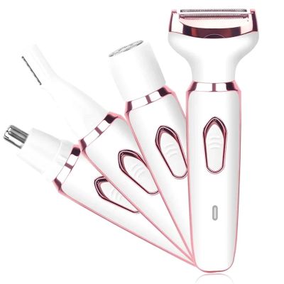 4 in 1 Painless Hair Removal Epilator Rechargeable Trimmer Women Body Razor Face Leg Armpit Bikini Pubic Shaver Hair Remover(A)