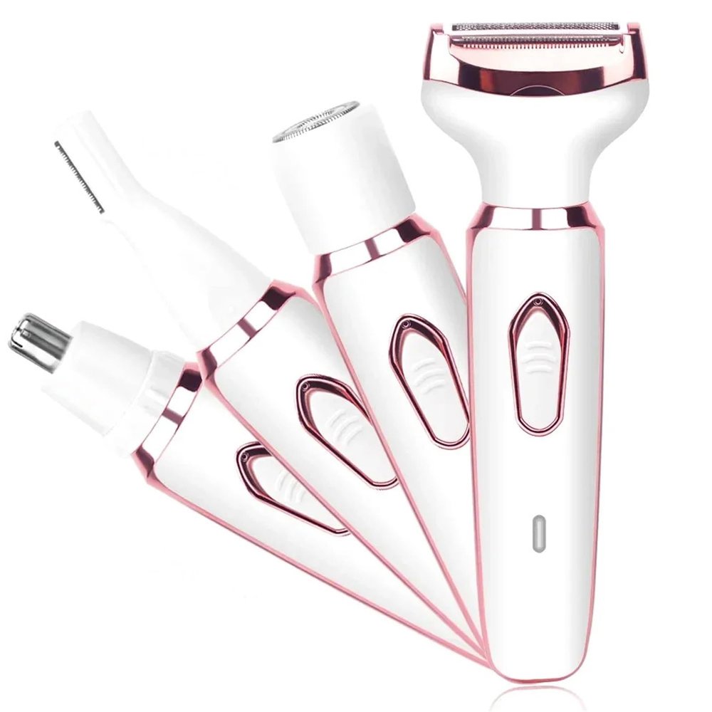 4 in 1 Painless Hair Removal Epilator Rechargeable Trimmer Women Body Razor Face Leg Armpit Bikini Pubic Shaver Hair Remover(A)