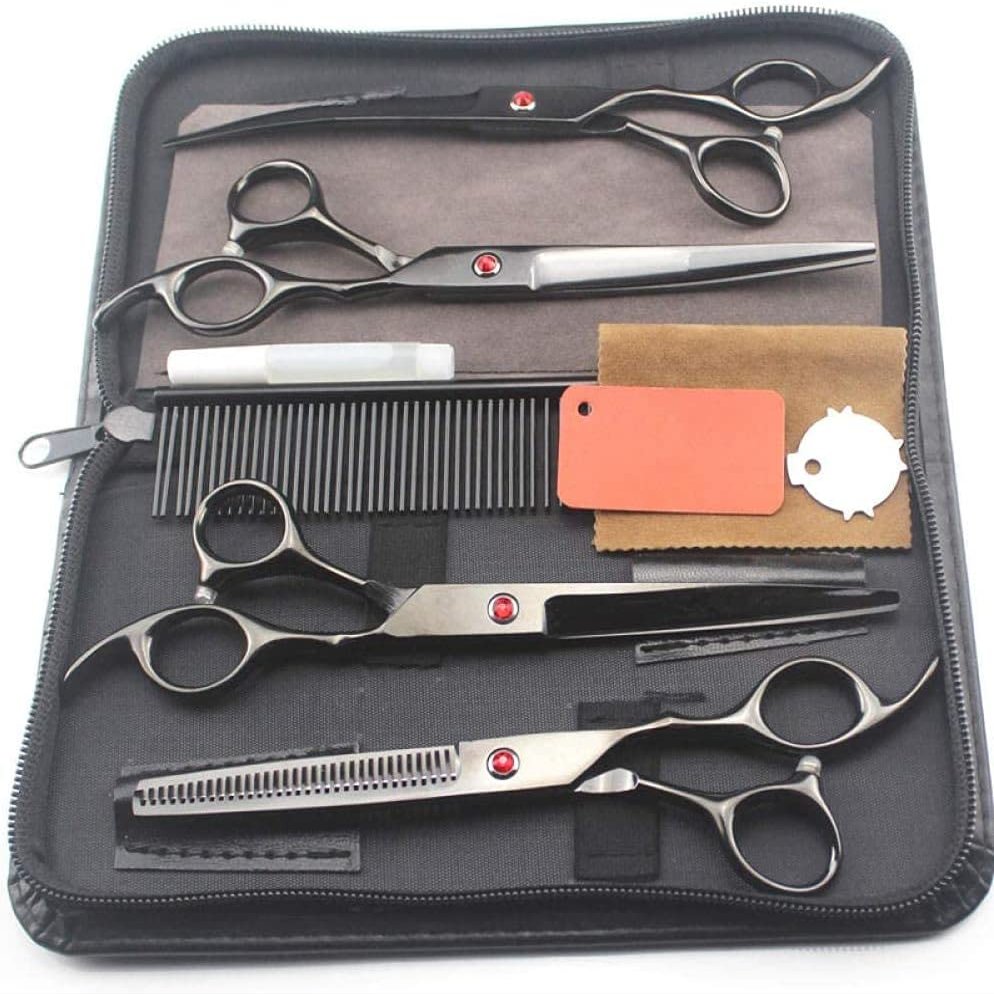 5 kit Japan 440c 7 Black pet Dog Grooming Hair Scissors Cutting Shears Haircut thinning Barber Hairdressing Set