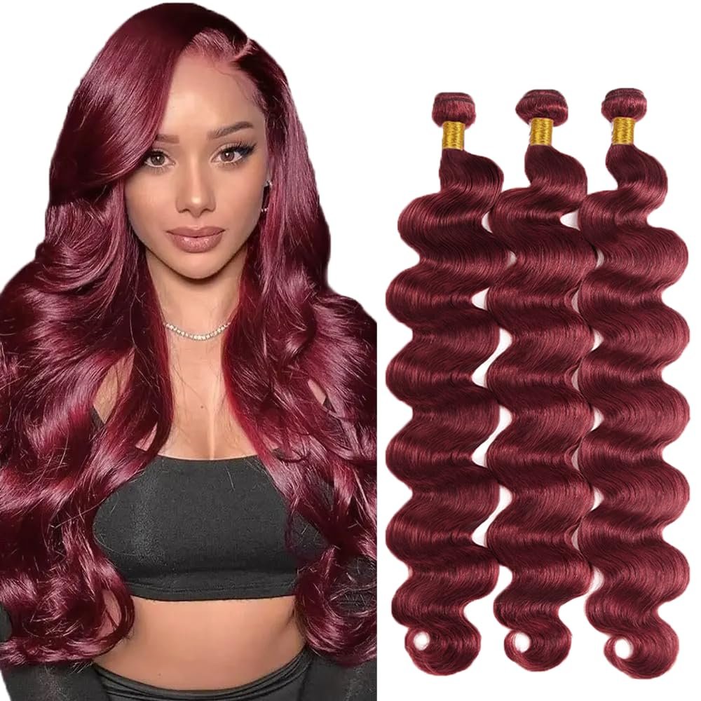 #99J Wine Red Bundles Human Hair Body Wave Bundles 28 28 28 Inch Burgundy Body Wave Bundle Human Hair Extensions Double Weft Unprocessed Brazilian Virgin Hair 3 Bundle 50 Grams Per Bundle