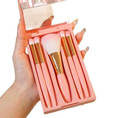 Professional 5-Piece Makeup Brush Set, Apricot Pink Portable Case with Mirror, Soft Bristle Powder Blush Eyeshadow Brushes with Gold Accents