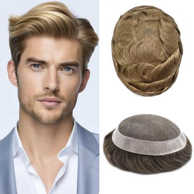 FACE MIRACLE Hair Piece For Mens Toupee Lace Hair Replacement System European Human Hair Piece Toupee For Men Bleached Knot Lace Hair Protesis 6X8#20 LIGHT ASH BLONDE 120% Density