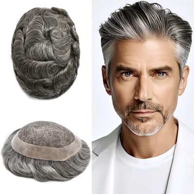 FACE MIRACLE Hair Piece For Mens Toupee Lace Hair Replacement System European Human Hair Piece Toupee For Men Bleached Knot Lace Hair Protesis 7X9#1B60#1B Off Black+60% Grey 120% Density