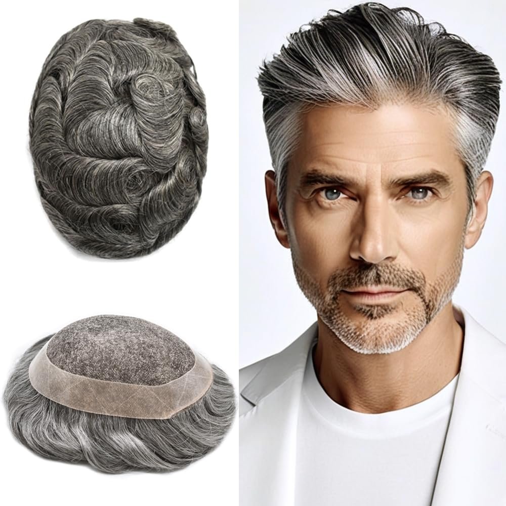 FACE MIRACLE Hair Piece For Mens Toupee Lace Hair Replacement System European Human Hair Piece Toupee For Men Bleached Knot Lace Hair Protesis 7X9#1B60#1B Off Black+60% Grey 120% Density