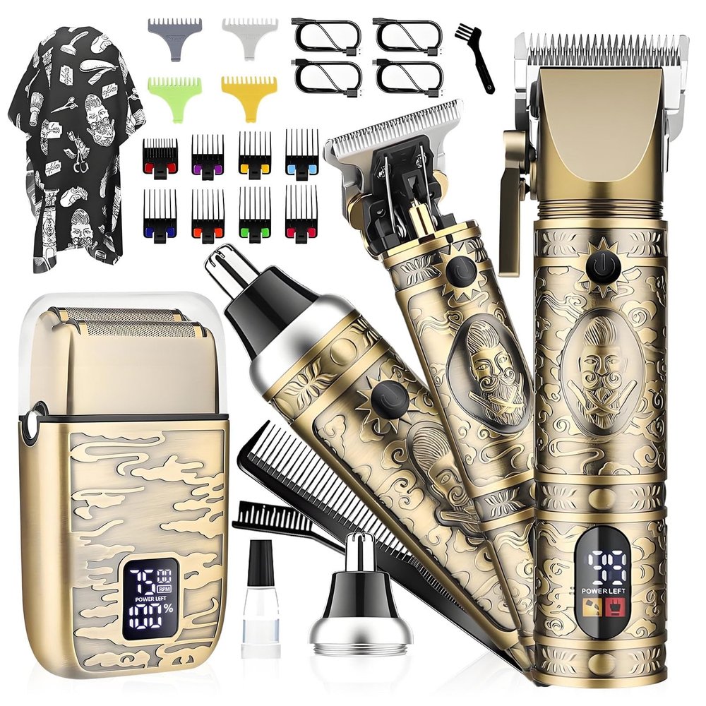 Rirool RNKR 9-in-1 Beard Trimmer for Men w/T-Blade, Foil Shaver, 12 Combs, LCD, USB-C, Travel Case - Cordless Grooming Kit