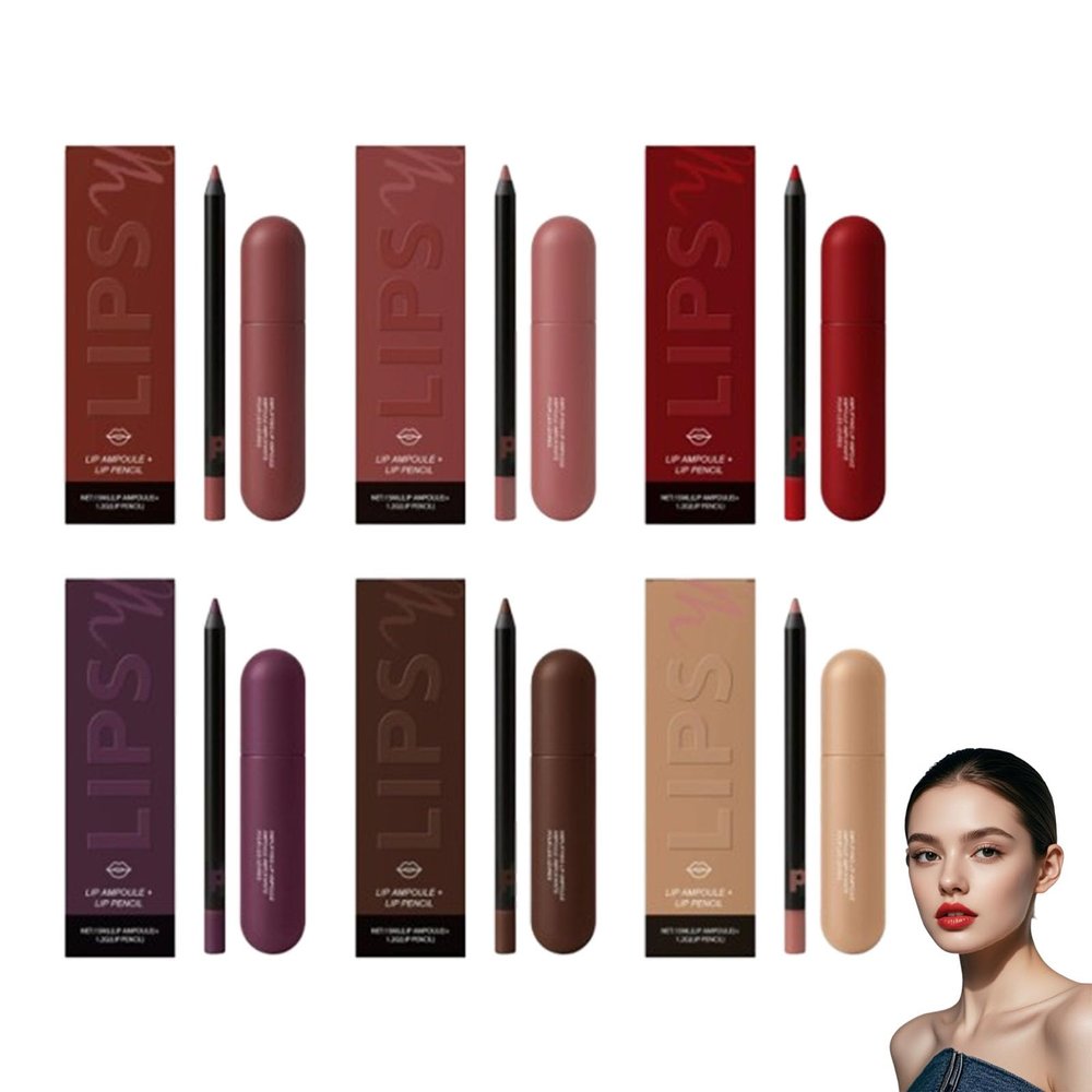Color-Rich Lipampoules with Matching Lip Liner, hydrating, 6 Color pack Moisturizing Lipspack, Long-Lasting, Deep Hydration, Soft, Smooth Texture That Enhances Natural Lip Curves (6 in 1)