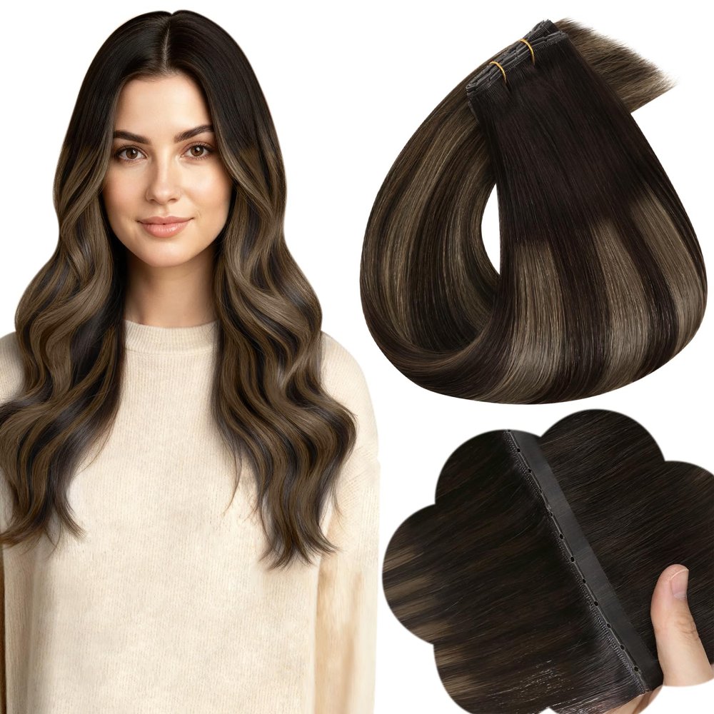 Full Shine Butterfly Weft Hair Extensions 16 Inch 50 G Invisible Pu Hole Hair Extensions Real Human Hair Balayage Dark Brown to Ash Brown Mix Brown Double Sided Layered Weft Hair for Women
