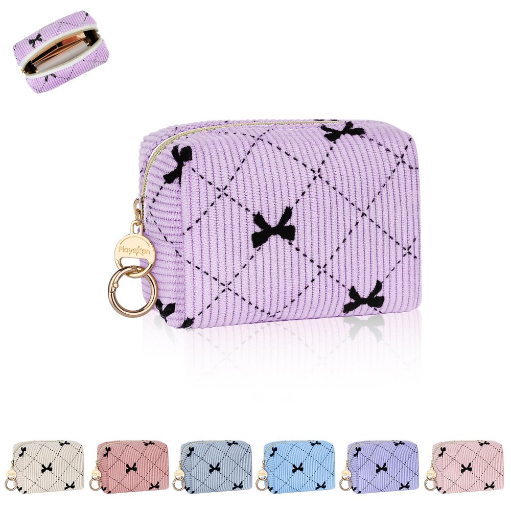 Playexen Mini Makeup Bag, Corduroy Small Cosmetic Bag for Purse, B-Purple