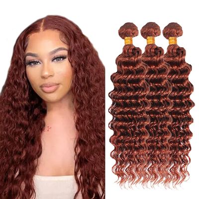 #33 Reddish Bundles Auburn Brown Deep Wave Bundles Human Hair 30 32 34 Inch Brazilian Virgin Remy Hair Copper Red 3 Bundle Human Hair Extensions 50 Gram Per Bundle