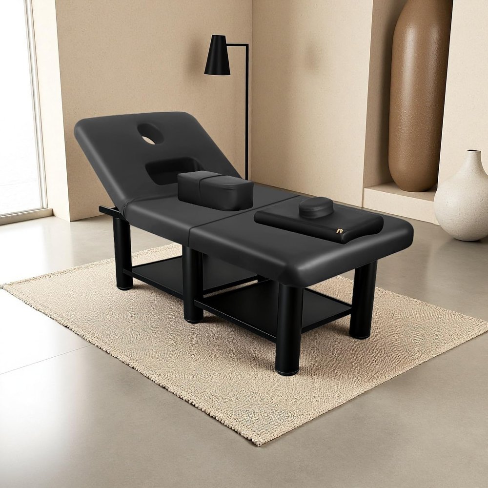 Stationary Massage Table, Folding Treatment Table with Adjustable Backrest, Metal Frame PU Leather Physical Therapy Table for Spa Treatment, Salon, Physical Therapy, Facial (Black, 31.5'' W  75'' L)