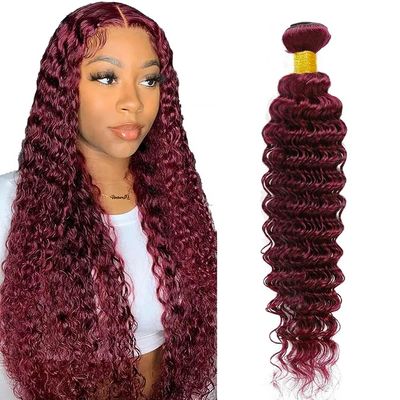 Burgundy Deep Wave Human Hair Bundles 32 Inch #99J Wine Red Deep Wave Single Bundle Human Hair Unprocessed Native Virgin Hair 100g Total 1 Hair Extensions Double Weft for Women