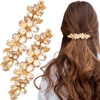 Joez Wonderful Rhinestone Hair Clip Sparkly Crystal Barrettes French Wedding Prom Engagement Pageant First Communion Hair Decorative Accessories for Women Long Hair (Flower Champagne, 2 Pcs)