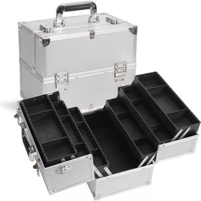 APSEQR makeup bag cosmetic case, professional makeup organizer case, Aluminum Frame with Dividers, Drawer, Customizable Interior, Lockable, Heavy Duty Artist Train (Silver, 35.5x22x27cm)